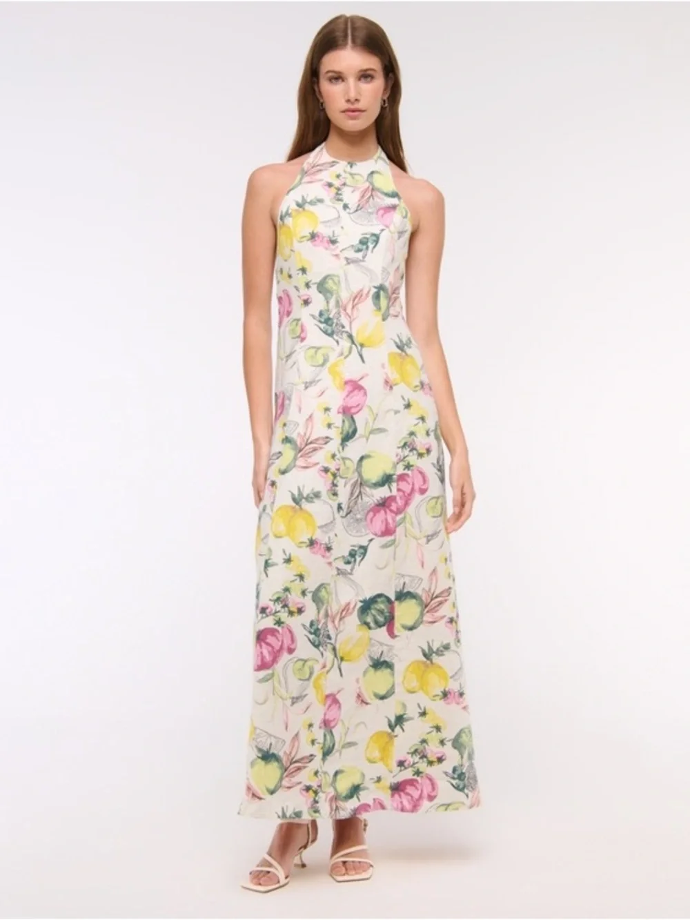 Abercrombie & Fitch Premium Linen High-Neck Maxi Dress Vegetable Print Halter